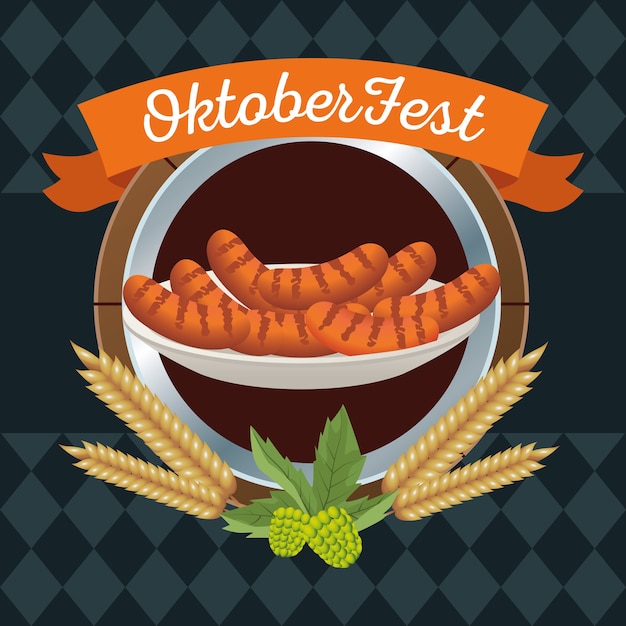 Glückliches oktoberfestfest mit würstchen im holzrahmenvektorillustrationsdesign