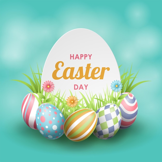 Glückliches Ostern-Banner-Schablon mit Eierform Ostern-Eiern Gras und Blumen