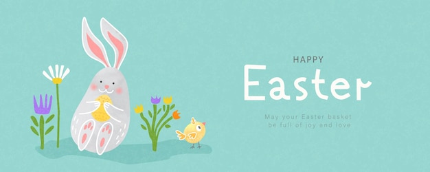 Glückliches Osternbanner mit süßem grauen Aquarell Hase Huhn und handgezeichneten Frühlingsblumen trendy