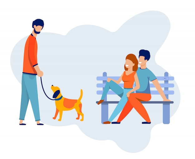 Vektor glückliches paar auf bank treffen sich mit freund walking dog