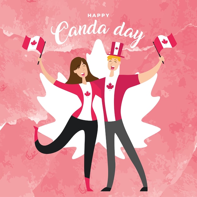 Glückliches paar cartoon wehende flaggen von kanada happy canada day vector