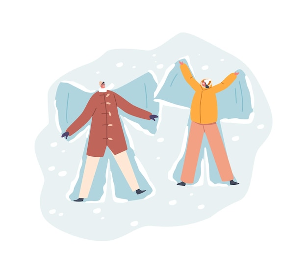 Glückliches paar macht schneeengel junge lächelnde mann- und frauenfiguren, die sich auf schneebedecktem boden hinlegen