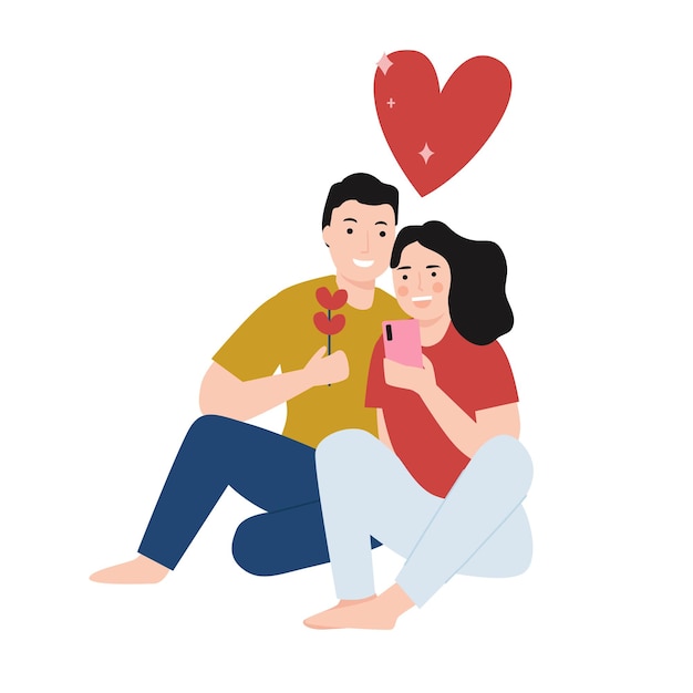 Glückliches Paar nehmen ein Selfie zusammen Karikaturillustration