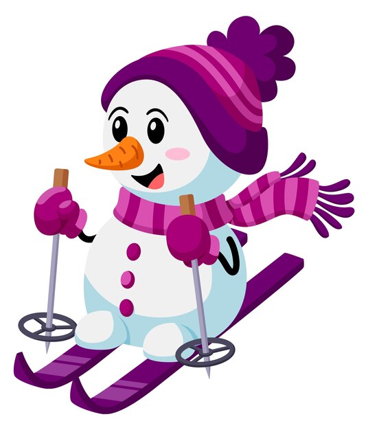 Glückliches Schneemann-Skifahren Lächelndes Maskottchen des Karikaturwinters
