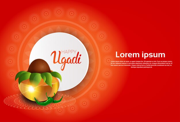 Glückliches ugadi und gudi padwa hindu-neues jahr-gruß-karten-feiertags-topf mit kokosnuss