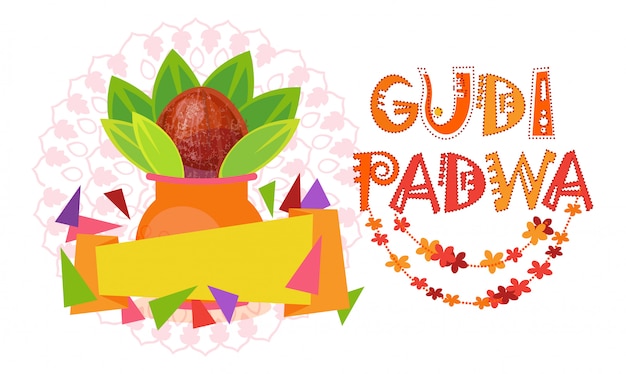 Glückliches ugadi und gudi padwa hindu-neues jahr-gruß-karten-feiertags-topf mit kokosnuss