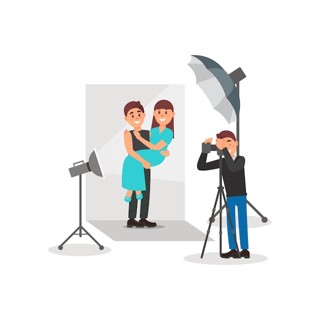 Glückliches verliebtes paar posiert im fotostudio fotograf macht fotos weißen hintergrund mit lichtern und kamera-vektor-illustration