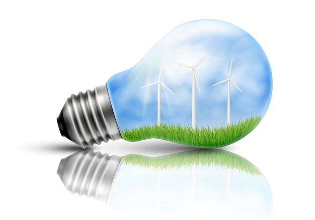 Glühbirne mit Windturbinen in der Seite, Ökologiekonzept, Konzept der grünen Energie. Vektor realistische 3D-Darstellung.
