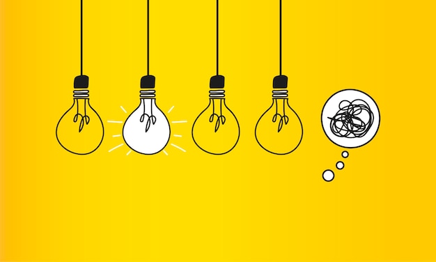 Glühbirnen auf gelbem Hintergrund Konzept der Brainstorming-Innovation und neuer Geschäftsstrategien Vektorillustration