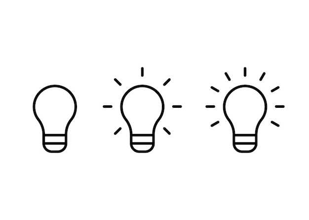 Glühbirnenbeleuchtung mit unterschiedlichem Stromleitungs-Ikonensatz Glühbirnensymbol als Ideen-Konzept-Zeichen Lampe einfache Umrisse