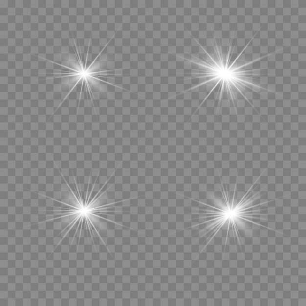Glühen sie isoliertes weißes transparentes lichteffektset, linseneffekt, explosion, glitzer, linie, sonnenblitz, funken und sterne