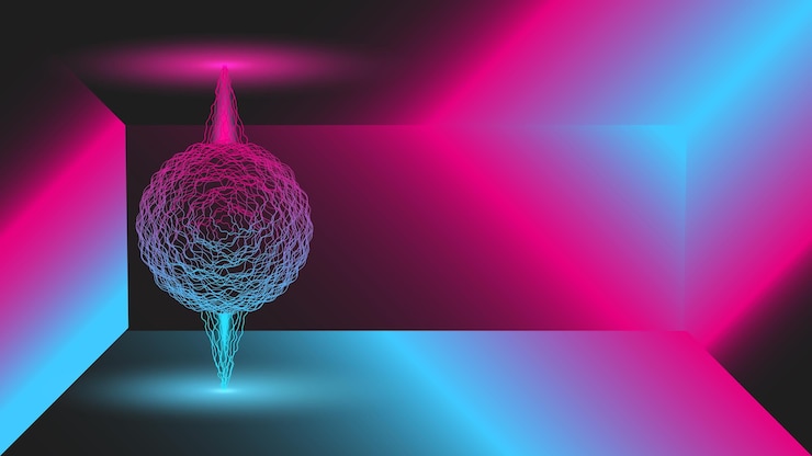 Vektor glühende mystische 3d-kugel blaupink-gradient-energie-strahl fantastischer raum isometrischer raum futuristische illustration der cyberpunk-szene