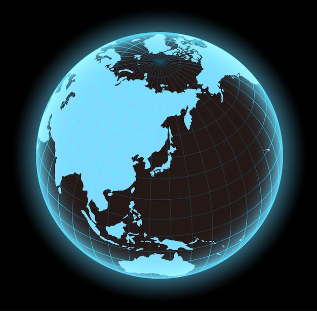 Glühende Weltkarten-Vektor-Illustration Globus-Kugel-Fokus auf Japan und Ostasien