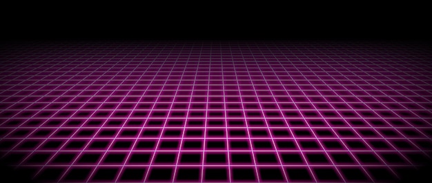 Vektor glühender rosa neon-drahtrahm horizont hintergrund magenta-gitter raumboden in perspektive leichtes retro