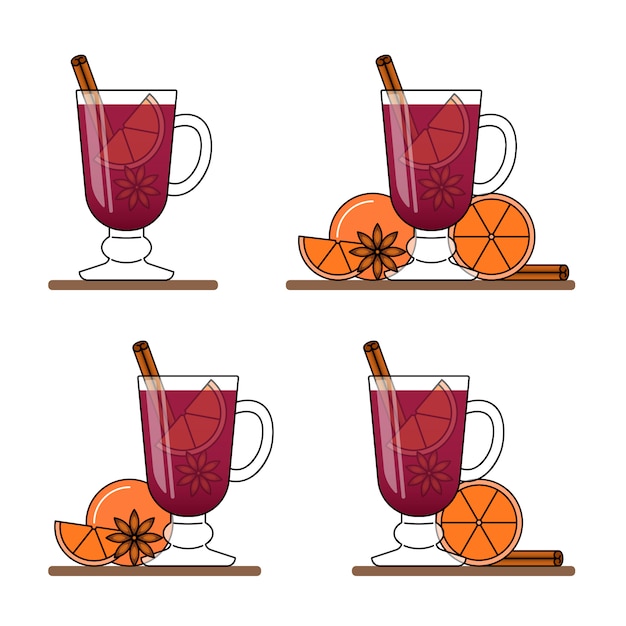 Glühwein-Banner. Set heiße Gläser mit Rotwein, Zimt, Orange, Sternanice. Flache Linie Kunststil. Vektor-Illustration Konzept für Herbst, Winter, Weihnachten, Neujahr, Visitenkarte, Verkaufsflyer