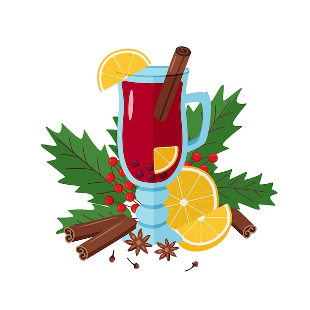 Glühwein in einem Glas mit Orangenscheiben Zimt Nelken und Anis Weihnachten Heißgetränk Viburnum Zweige mit Beeren Vektor-Illustration Cartoon-Stil