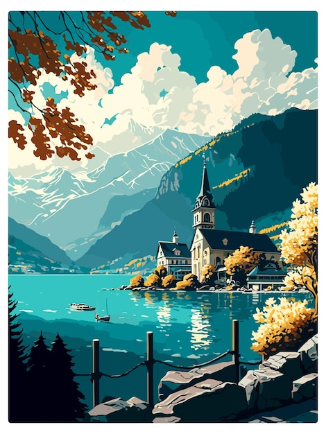 Gmunden österreich vintage reiseplakat souvenir postkarte porträt malerei wpa illustration