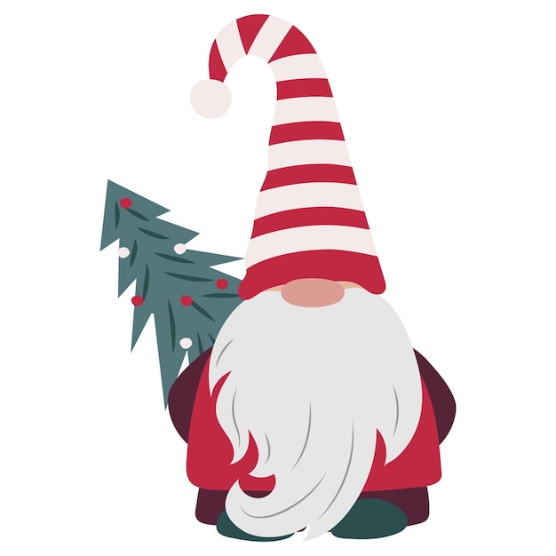 Gnom mit langem Bart und rotem Hut Skandinavischer Charakter mit Weihnachtsbaum Märchenzwerg