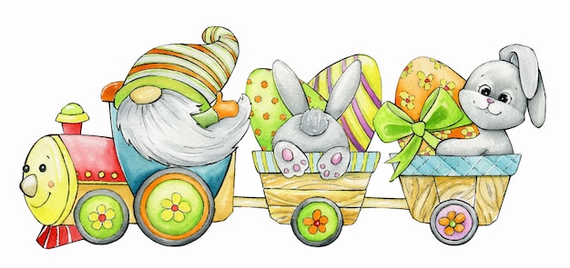 Gnom, Zug, Ostereier, Hase. Aquarell Clipart, für die Osterferien.