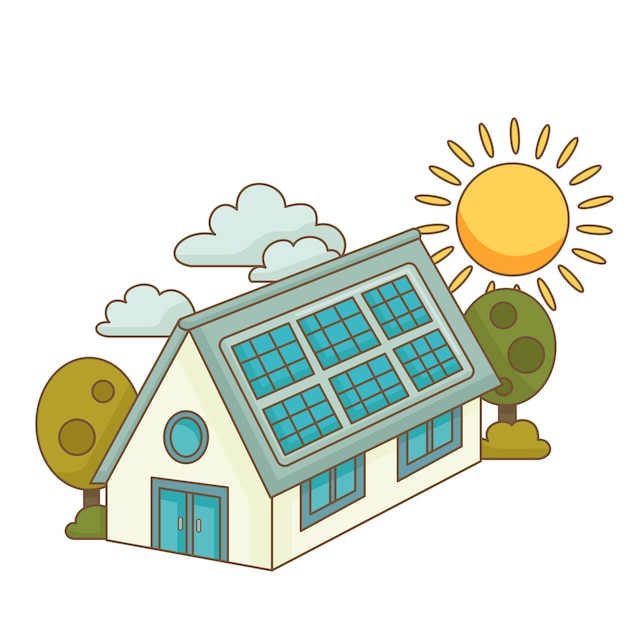 Go green technology solar panel house umweltfreundliche zeichentrickfilme vektor-clipart-aufkleber