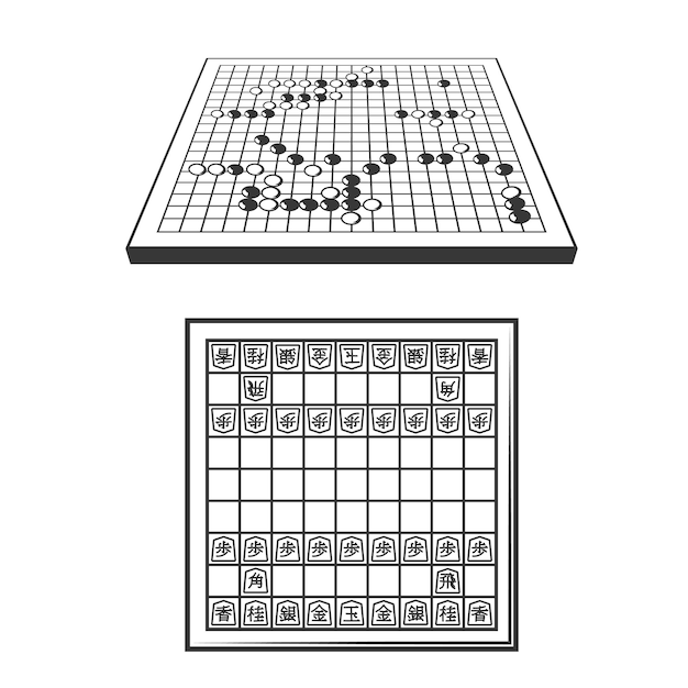 Vektor go- und shogi-bretter mit japanischen spielfiguren