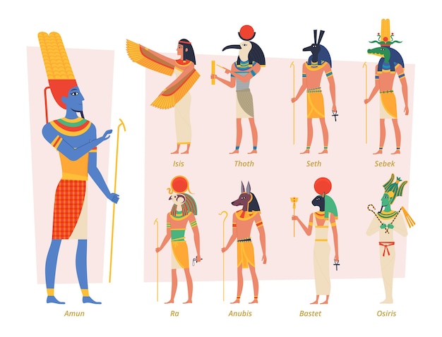 Götter des alten ägypten. pharao anubis osiris ägypter vektor authentische genaue charaktere. religiöse leute, berühmte ägypten-göttinillustration afrikas