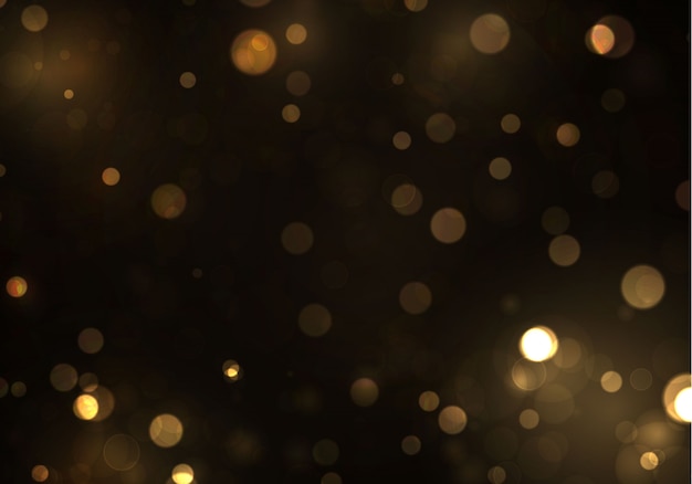 Gold Bokeh Unscharfes Licht auf schwarzem Hintergrund. Abstraktes Glitzern defokussierte blinkende Sterne und Funken.