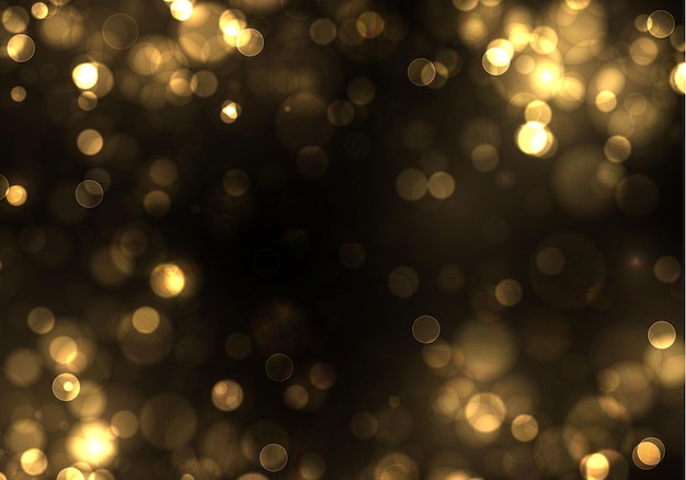 Gold bokeh unscharfes licht auf schwarzem hintergrund. goldene lichter feiertagsschablone. abstraktes glitzern defokussierte blinkende sterne und funken.