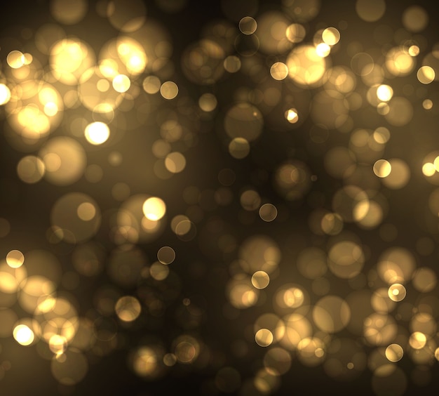 Gold Bokeh Unscharfes Licht auf schwarzem Hintergrund. Vorlage für goldene Lichter und Neujahrsfeiertage. Abstraktes Glitzern defokussierte blinkende Sterne und Funken.