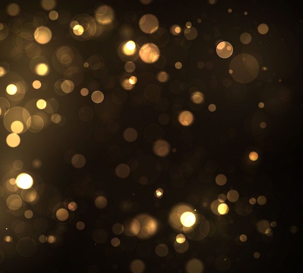 Gold Bokeh Unscharfes Licht auf schwarzem Hintergrund. Vorlage für goldene Lichter und Neujahrsfeiertage. Abstraktes Glitzern defokussierte blinkende Sterne und Funken.