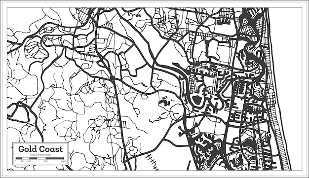 Gold coast australien stadtplan in schwarz-weiß-farbe. übersichtskarte. vektor-illustration.