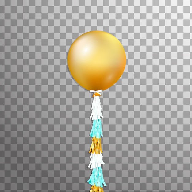 Gold glänzender heliumballon lokalisiert in der luft. glänzender ballon mit konfetti hineingehen.