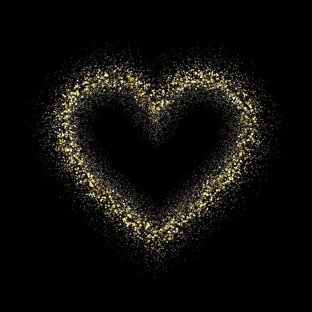 Gold-glitter-herzrahmen vektor-goldstaub isoliert auf schwarzem hintergrund vorlage für valentins- und muttertagskarten, hochzeitseinladungen, urlaubsplakate und flyer