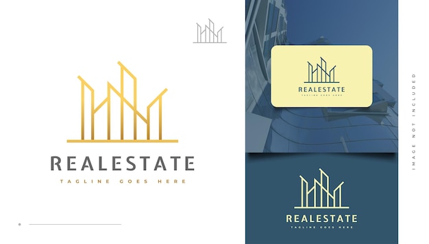 Gold-immobilien-logo-design mit linienstil. bau-, architektur- oder gebäudelogo-design