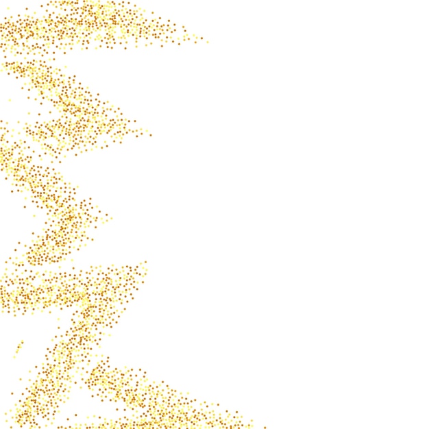 Gold-Konfetti auf weißem Hintergrund. Isolierte goldene Staubpartikel. Abstract Iridescent-Geburtstagskarte. Zufälliger Braut-Hintergrund. Folie-Grenze. Geometrischer Jahrestagshintergrund. Vektorrunde Bokeh.