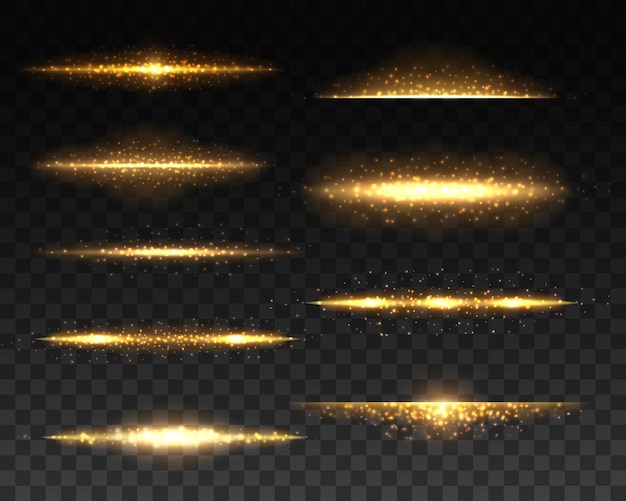 Gold leuchtende linien mit lichteffekten realistisches design. 3d goldene funken, fackeln und funkelnde glitzer, leuchtende linien mit hellen blitzen und gelben partikeln auf transparentem hintergrund