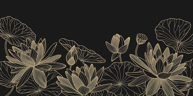 Gold-Lotus-Vektorhintergrund Luxus-Designvorlage mit Linienlilie und Blättern