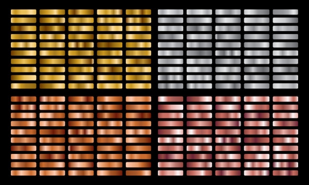 Vektor gold-, silber-, rosa-, orange-metall-farbverlaufssammlung und goldfolien-textur-set.