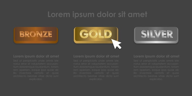 Gold-silber- und bronze-tasten mit mausklick-symbol-vektor-illustration gesetzt.