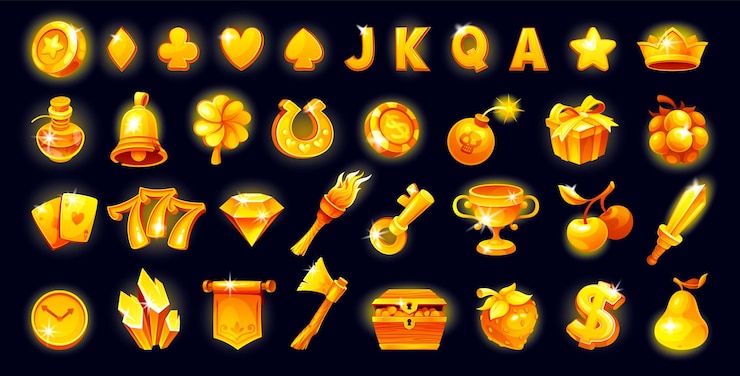 Vektor gold-slot-symbolen gold-slots-spiel-casino magisches glänzendes icon-spielelement poker-maschine glückliche lotterie 777 bar chance fruchtglocke geld-symbole png neoterische vektor-illustration