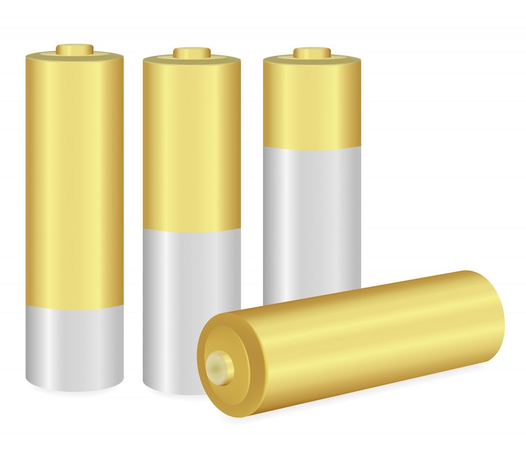 Vektor gold- und metallic-aa-batterien über weißem hintergrund