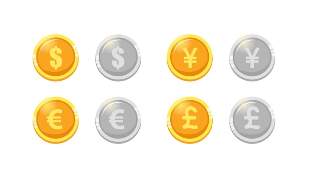 Gold- und Silbermünzen in Dollar, Euro, Yen und Pfund Sterling