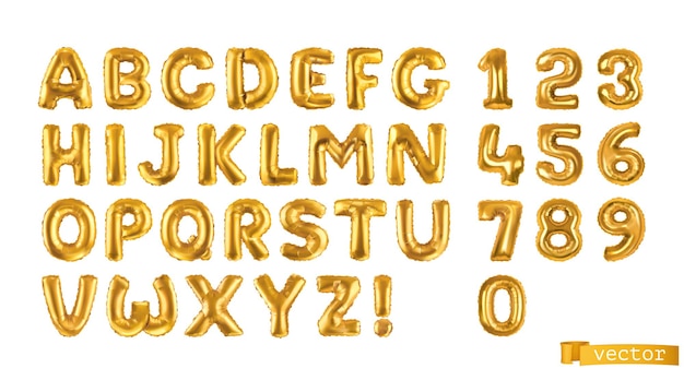 Goldballons, alphabetbuchstaben und zahlen 3d gesetzt