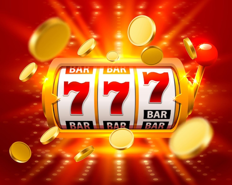 Vektor golden big win slots 777 banner casino fliegenmünzen. vektor-illustration