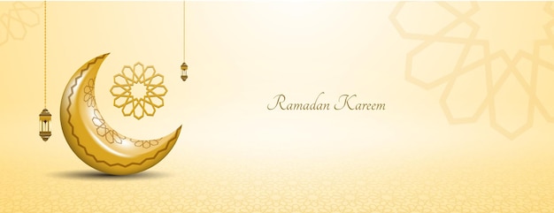 Vektor golden realistic ramadan kareem banner design mit mond und lantern islamischen hintergrund