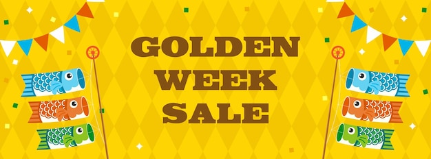 Golden Week Sale Banner Vector Illustration Koinobori-Karpfen-Streamer auf gelbem Rautenmuster