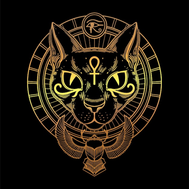 Vektor goldene ägyptische göttinnenkatze bastet mit heiligen symbolen von ankh und skarabäus. vektor-illustration