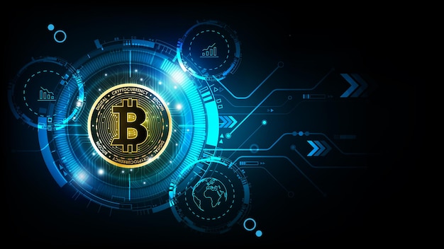 Goldene Bitcoin-Digitalwährung und Kryptowährungskonzept der Linie Icon Technology