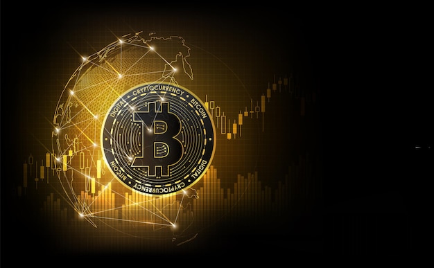 Vektor goldene bitcoin-kryptowährung futuristisches digitales geld auf globaler hologramm-technologie weltweit