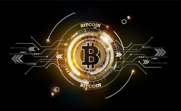 Goldene digitale Bitcoin-Währung futuristische digitale Geldtechnologie weltweites Netzwerkkonzept